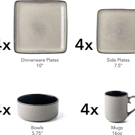 FLACKAR Square Stoneware 16pc Dinnerware Set for 4, Dinner Plates, Side Plates, Cereal Bowls, Mugs - Reactive Glaze Grey (477653)