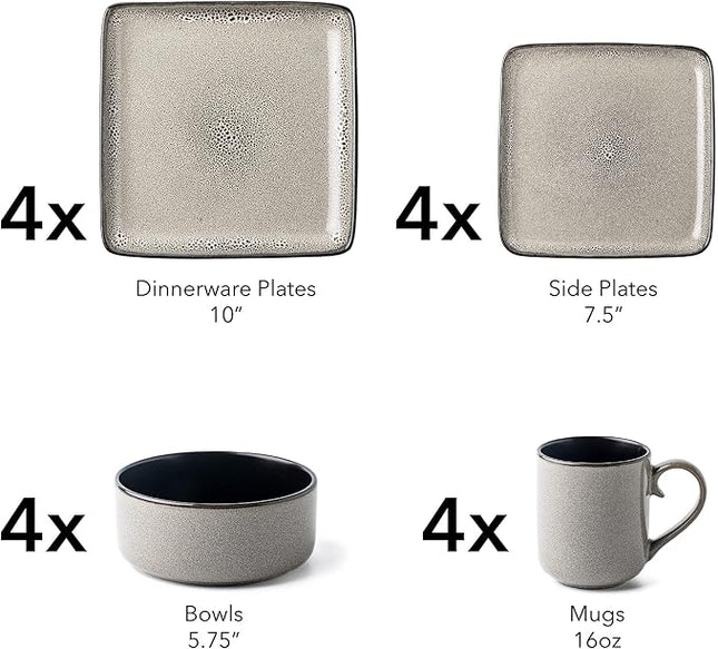 FLACKAR Square Stoneware 16pc Dinnerware Set for 4, Dinner Plates, Side Plates, Cereal Bowls, Mugs - Reactive Glaze Grey (477653)