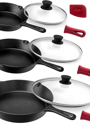 Cuisinel Cast Iron Skillets Set + Glass Lids - 8"+10"+12"-Inch Frying Pans + Silicone Handle Holder Covers - Pre-Seasoned Oven Cookware - Use Indoor/Outdoor, Grill, Stovetop, Camping Fire, Oven