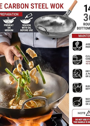 YOSUKATA 14” Round Bottom Carbon Steel Woks and Stir Fry Pans – Unseasoned Pow Wok for Stir Fry, BBQ & Camping – Hand-Hammered Traditional Japanese and Chinese Pan – Gas Stove, Open Fire Only