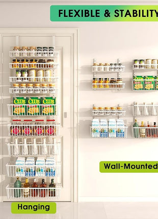 White 9-Tier Over The Door Pantry Organizer, Pantry Organization and Storage, Deep Baskets Hanging Heavy-Duty Metal, Wall Spice Rack Seasoning Shelves for Home & Kitchen, Laundry Room Bathroom