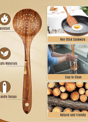 Wooden Spoons for Cooking, 5 Pcs Wooden Utensils for Cooking Natural Teak Wooden Kitchen Utensils Set