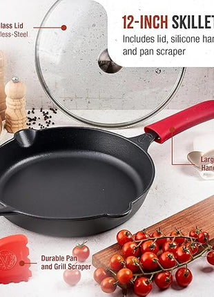Victoria 12-Inch Cast Iron Skillet Set with Tempered Glass Lid, Large Handle Cover, and Pan Scraper