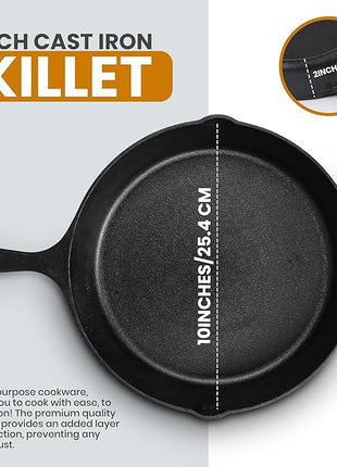 Utopia Kitchen Saute Fry Pan Pre-Seasoned Cast Iron Skillet With Lid, Frying Pan, Cast Iron Pan, Safe Grill Cookware for Indoor & Outdoor Use (1, Black, 10 Inch)