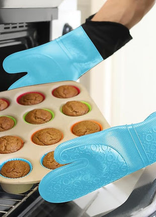 BPA-Free Soft Silicone Oven Mitts - Ultra Heat Resistant Oven Mitts with Thick Cotton Liner - Extra Long Slip Resistant Pot Holders, Flexible Oven Gloves - Aqua/Black 14.7"