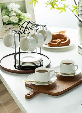 YHOSSEUN Espresso Cups Set with Saucers and Metal Stand Coffee Cup Set of 6 4 oz Cappuccino Cups Teacup for Tea Party - White