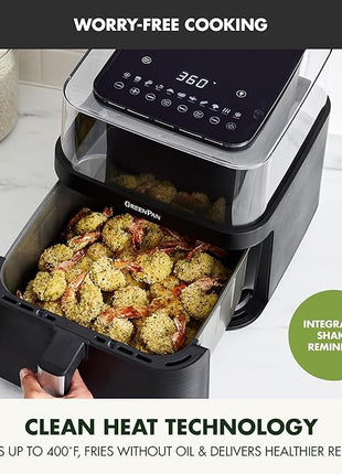 GreenPan Clearview Extra Large 7QT Air Fryer, 360° Clear Window, PFAS-Free Ceramic Nonstick Drawer and Tray, Heat to 400°F, 13-Presets, Shake Reminder, Keep Warm, Delay Start, Dishwasher Safe Parts