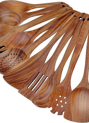 comfoyar Teak Wooden Spoons for Cooking, 10 Pieces Kitchen Cooking Utenails Set with Spatula and Ladle, Heat Resistant Kitchen Cookware for Nonstick Pan