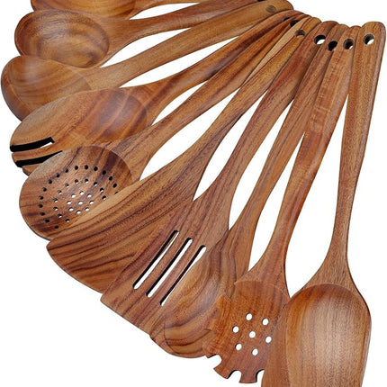 comfoyar Teak Wooden Spoons for Cooking, 10 Pieces Kitchen Cooking Utenails Set with Spatula and Ladle, Heat Resistant Kitchen Cookware for Nonstick Pan