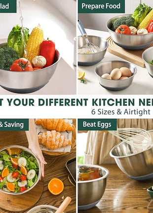 Umite Chef Mixing Bowls with Airtight Lids，6 piece Stainless Steel Metal Nesting Storage Bowls, Non-Slip Bottoms Size 7, 3.5, 2.5, 2.0,1.5, 1QT, Great for Mixing & Serving(Grey)