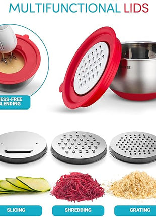 Belwares Mixing Bowls with Lids Set - Nesting Bowls with Airtight Lids + Graters - Stainless Steel Non-Slip Mixing Bowl for Baking, Food Storage and Prepping (Red, 5-Piece Set)