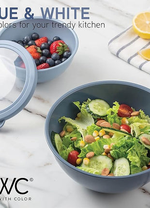 COOK WITH COLOR Mixing Bowls with TPR Lids - 12 Piece Plastic Nesting Bowls Set includes 6 Prep Bowls and 6 Lids, Microwave Safe Mixing Bowl Set (Blue and White)