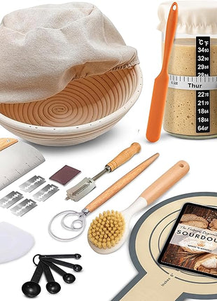 Complete Sourdough Starter Kit and Sourdough Bread Baking Supplies - Includes 9" Banneton Proofing Basket, 34oz Sourdough Starter Jar, Silicone Bread Sling, Scrapers, Bread Lame and Measuring Spoons