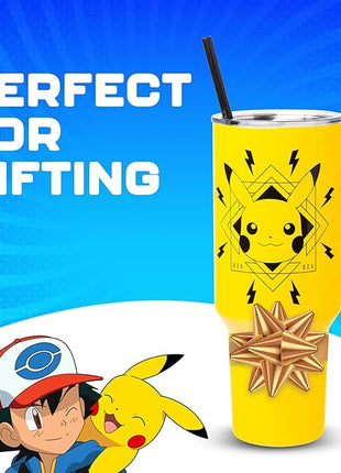 Silver Buffalo Pokémon Lightning Stainless Steel Tumbler with Handle Featuring Pikachu, Fits in Standard Cup Holder, 40 Ounces