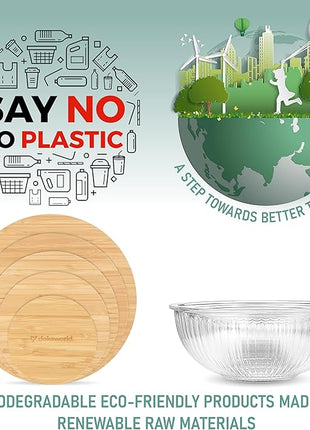 Stackable Space-Saving Set of 5 Nesting Glass Bowls with Bamboo Lids for Foodprep, Storage, Baking, Mixing & Cooking, Microwave & Oven Safe BPA Free Heat Resistant Inert Borosilicate Glass