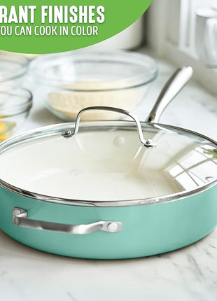 GreenLife Artisan Healthy Ceramic Nonstick, 5QT Saute Pan Jumbo Cooker with Helper Handle and Lid, Stainless Steel Handle, Induction, PFAS-Free, Dishwasher Safe, Oven Safe, Turquoise