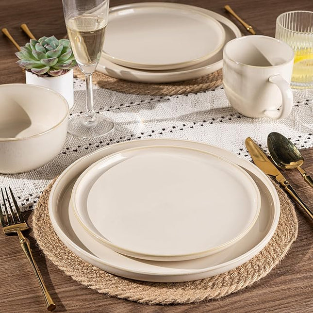 GBHOME Ceramic Dinnerware Sets for 8, 24 Pieces Stoneware Plates and Bowls Sets, Scratch Resistant Dishes, Dishwasher & Microwave Safe, Reactive Glaze-Vanilla color