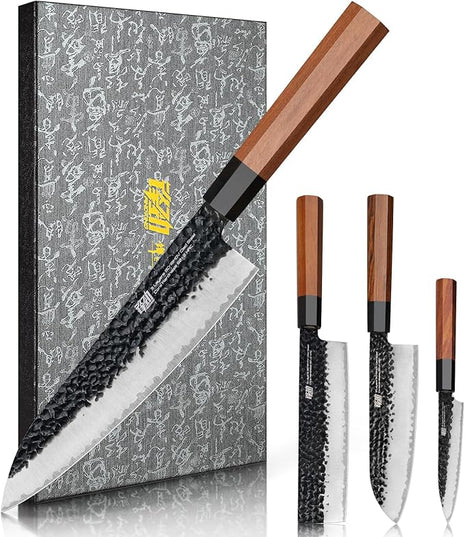 FINDKING Dynasty Series 4PCS Kitchen Knife Set, Professional Japanese Chef Knife Set, 9Cr18MoV High Carbon Steel Blade, African Rosewood Octagonal Handle, for Meat, Fruits, Vegetables