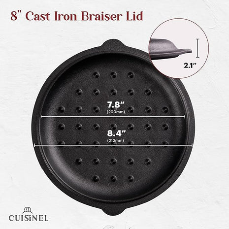 Cuisinel Cast Iron Lid - Fits 8"-Inch / 20.32cm Lodge Skillet, Frying Pans or Braiser + Silicone Handle Holder + Care Guide - Pre-Seasoned Replacement Cover - Indoor/Outdoor, Oven, Open Fire, BBQ Safe
