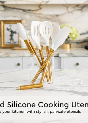 Gold Kitchen Utensils Set - 19-Piece Set Includes Stainless Steel Gold Utensils, White Silicone Tools, and Measuring Cups and Spoons - Luxury Kitchen Accessories for Modern Cooking, Serving, & Gifting