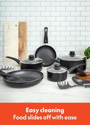 bella Cookware Set, 12 Piece Pots and Pans with Utensils, Nonstick PFOA Free Scratch Resistant Cooking Surface Compatible with All Stoves, Nylon and Aluminum, Black