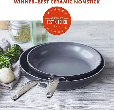 GreenPan Valencia Pro Hard Anodized Healthy Ceramic Nonstick 10" and 12" Frying Pan Skillet Set, PFAS-Free, Induction, Dishwasher Safe, Oven Safe, Gray