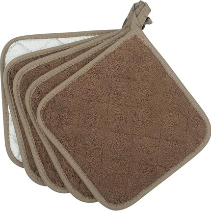 100% Cotton Kitchen Everyday Basic Terry Pot Holder Heat Resistant Coaster Potholder for Cooking and Baking Set of 5 Brown
