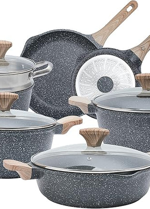 Country Kitchen Non-Stick Cast Aluminum Cookware Set - Durable Kitchen Cookware for Everyday Cooking, Grey, 11 Pc.