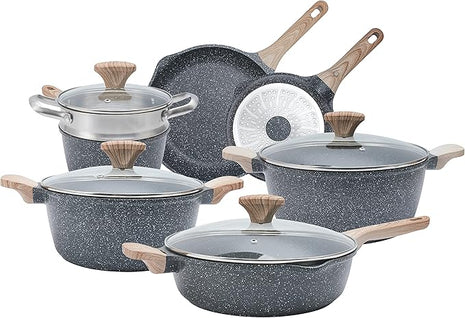 Country Kitchen Non-Stick Cast Aluminum Cookware Set - Durable Kitchen Cookware for Everyday Cooking, Grey, 11 Pc.