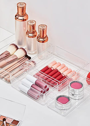 SMARTAKE 16-Piece Drawer Organizer with Non-Slip Silicone Pads, 5-Size Desk Storage Tray for Makeup, Jewelries, Utensils in Bedroom Dresser, Office and Kitchen, Clear