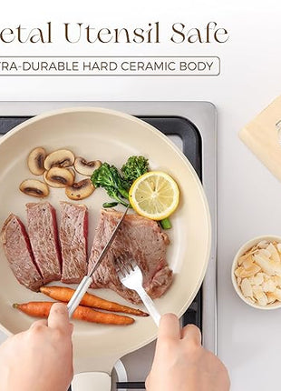 PRICUSIS Nonstick Ceramic Frying Pan, 8/10 Inch Skillet with Stay Cool Handle, Fully Coated, Induction Compatible & Oven Safe, 100% Dishwasher Safe, PTFE PFAS & PFOA Free（10 Inch, Coconut White）