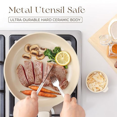 PRICUSIS Nonstick Ceramic Frying Pan, 8/10 Inch Skillet with Stay Cool Handle, Fully Coated, Induction Compatible & Oven Safe, 100% Dishwasher Safe, PTFE PFAS & PFOA Free（10 Inch, Coconut White）