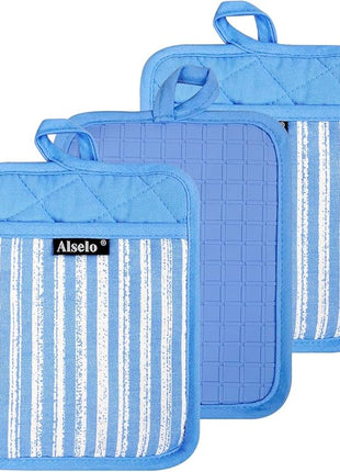 Silicone Pot Holders Set of 3 Heat Resistant & Non Slip Potholders, Professional Oven Hot Pads with Pockets Mitts for Kitchen Cooking Baking Barbecue (3, Blue)