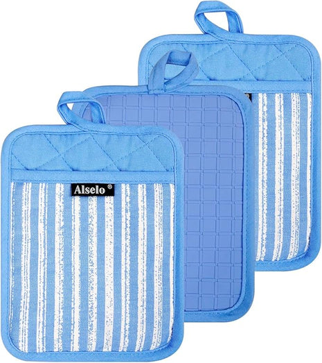 Silicone Pot Holders Set of 3 Heat Resistant & Non Slip Potholders, Professional Oven Hot Pads with Pockets Mitts for Kitchen Cooking Baking Barbecue (3, Blue)