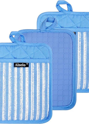 Silicone Pot Holders Set of 3 Heat Resistant & Non Slip Potholders, Professional Oven Hot Pads with Pockets Mitts for Kitchen Cooking Baking Barbecue (3, Blue)