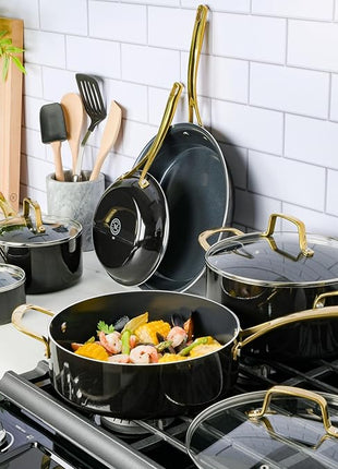 MARTHA STEWART 14 Piece Non-Stick Cookware Combo Set - Black w/Gold Handles