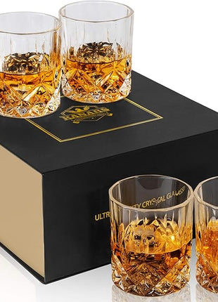 KANARS Old Fashioned Whiskey Glasses with Luxury Box - 10 Oz Rocks Barware For Scotch, Bourbon, Liquor and Cocktail Drinks - Set of 4 - Men Gift