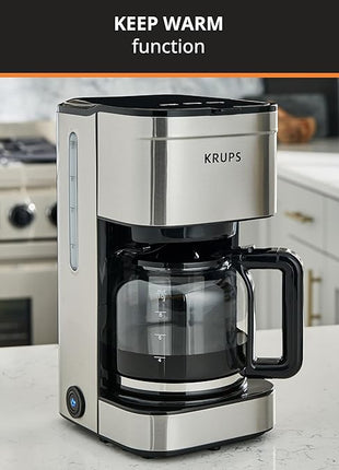 KRUPS Coffee Maker 10 Cups Simply Brew Stainless Steel Drip Coffee Maker, 900 Watts Coffee Filter, Drip Free, Dishwasher Safe Pot , Black & Silver