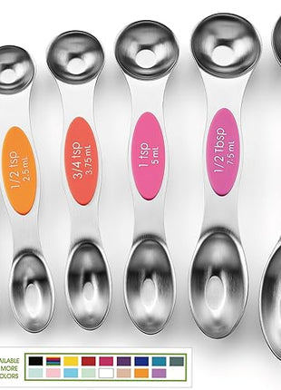 Spring Chef Stainless Steel Magnetic Measuring Spoons Set of 8 with Leveler, Nesting Metal Teaspoon & Tablespoon Measuring Spoons, Kitchen Gadgets for Baking & Cooking, Fits in Most Spice Jars - Neon
