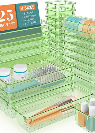 WOWBOX 25 PCS Plastic Drawer Organizer Set, 4 Sizes Desk Drawer Divider Organizers and Storage Bins for Makeup, Jewelry, Gadgets for Kitchen, Bedroom, Bathroom, Office, Clear Green