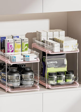 Delamu 2-Tier Multi-Purpose Bathroom Under Sink Organizers and Storage, Stackable Kitchen Pantry Organization, Pull Out Medicine Cabinet Organizer with Movable Dividers, Pink, 2 Pack