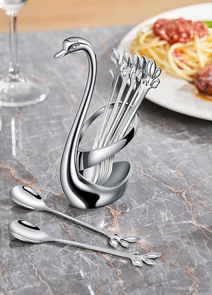 AnSaw Silver Small Coffee Spoon Holder Set,Swan Base With 10 Pcs Demitasse Espresso Spoons Set,4.7" Mini Leaf Dessert Spoon,Stainless Steel Tea Spoons