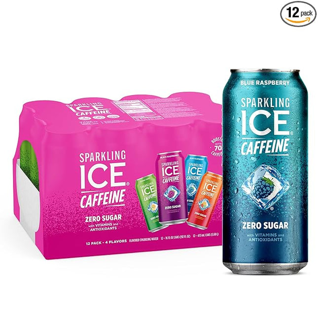 Sparkling Ice Caffeine Variety Pack, Flavored Sparkling Water, Zero Sugar, with Vitamins and Antioxidants, 16 fl oz, 12 count (Citrus Twist, Black Raspberry, Blue Raspberry, Strawberry Citrus)