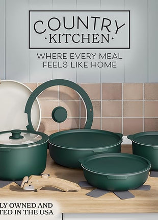 Country Kitchen Cookware Set with Removable Handle, Oven & RV Safe Pots and Pans Set, Sage Wood Handle, Original