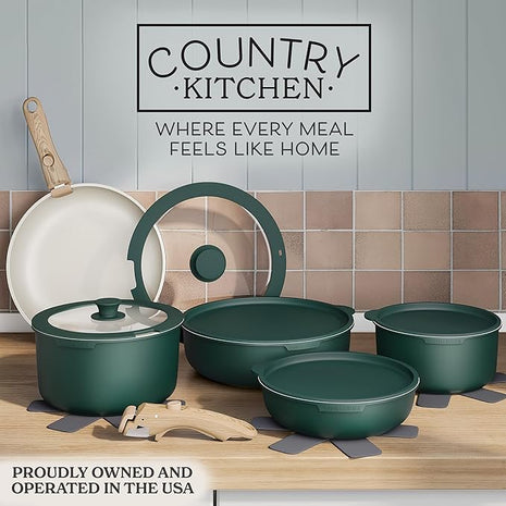 Country Kitchen Cookware Set with Removable Handle, Oven & RV Safe Pots and Pans Set, Sage Wood Handle, Original