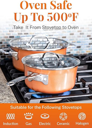 GOTHAM STEEL 10 Pc Copper Pots and Pans Set Non Stick Cookware Sets with Kitchen Utensils, Induction Ready, Non Toxic PFOA PFOS Free, Nesting Design for 50% Space Saving, Oven and Dishwasher Safe