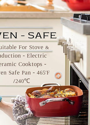 Moss & Stone 5 Pcs Red Copper Chef Cookware Non Stick Deep Frying Pan, Fry Basket, Steamer Rack, Dishwasher & Oven Safe, 5 Qt Deep Square Pan, Induction Copper Cookware Set - 9.5" x 3.5"