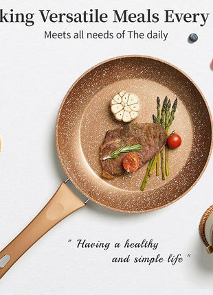 Innwewell Non Stick Frying Pan - Granite Stone Non Stick Skillet Frying Pans, Safe&No Toxic Egg Omelette Frying Pan, Nonstick Cookware Cooking Pan, Induction Compatible, PFOA Free(9.5inch, Gold)