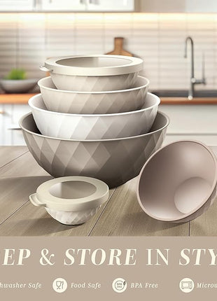 COOK WITH COLOR Mixing Bowls with Lids - 12 Piece Plastic Nesting Bowls Set includes 6 Prep Bowls and 6 Lids, Diamond Design - Microwave Safe, Brown