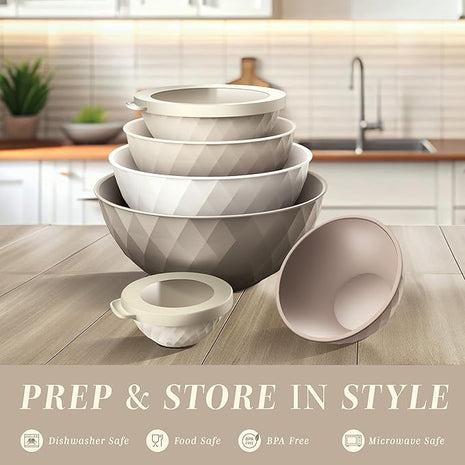 COOK WITH COLOR Mixing Bowls with Lids - 12 Piece Plastic Nesting Bowls Set includes 6 Prep Bowls and 6 Lids, Diamond Design - Microwave Safe, Brown